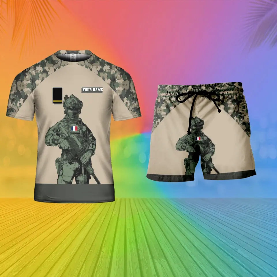 Personalized France Soldier/ Veteran Camo With Name And Rank Combo T-Shirt + Short 3D Printed  - 17104608