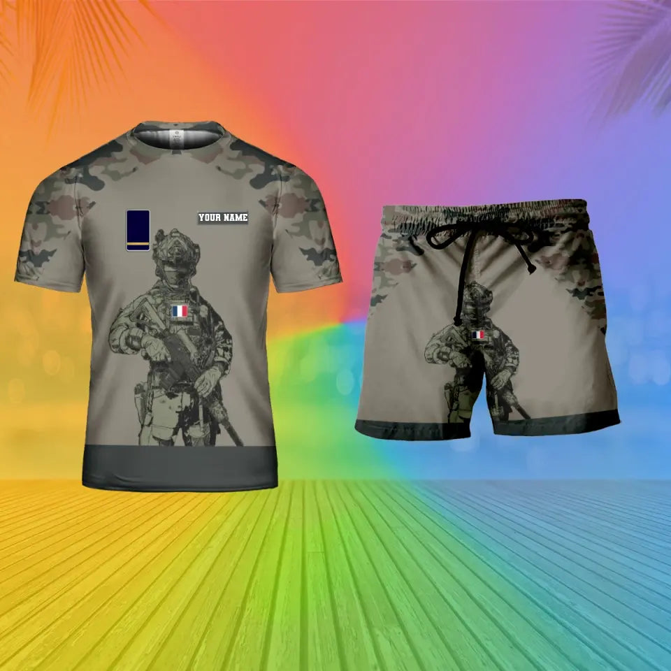 Personalized France Soldier/ Veteran Camo With Name And Rank Combo T-Shirt + Short 3D Printed  - 17104608