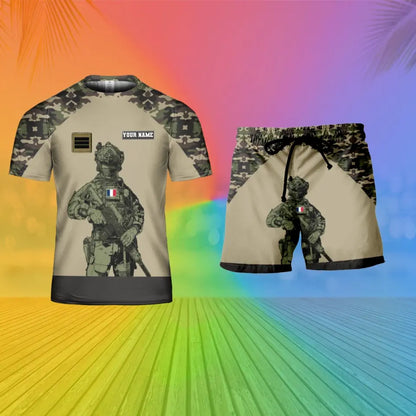 Personalized France Soldier/ Veteran Camo With Name And Rank Combo T-Shirt + Short 3D Printed  - 17104608