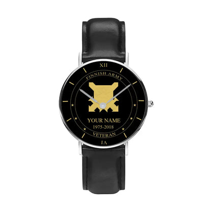 Personalized Finland Soldier/ Veteran With Name And Year Black Stitched Leather Watch - 1603240001 - Gold Version