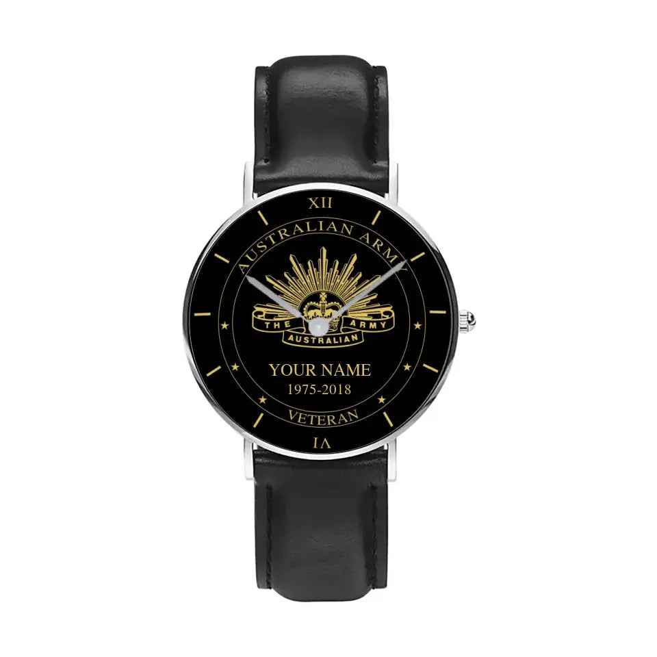 Personalized Australian Soldier/ Veteran With Name And Year Black Stitched Leather Watch - 1603240001 - Gold Version