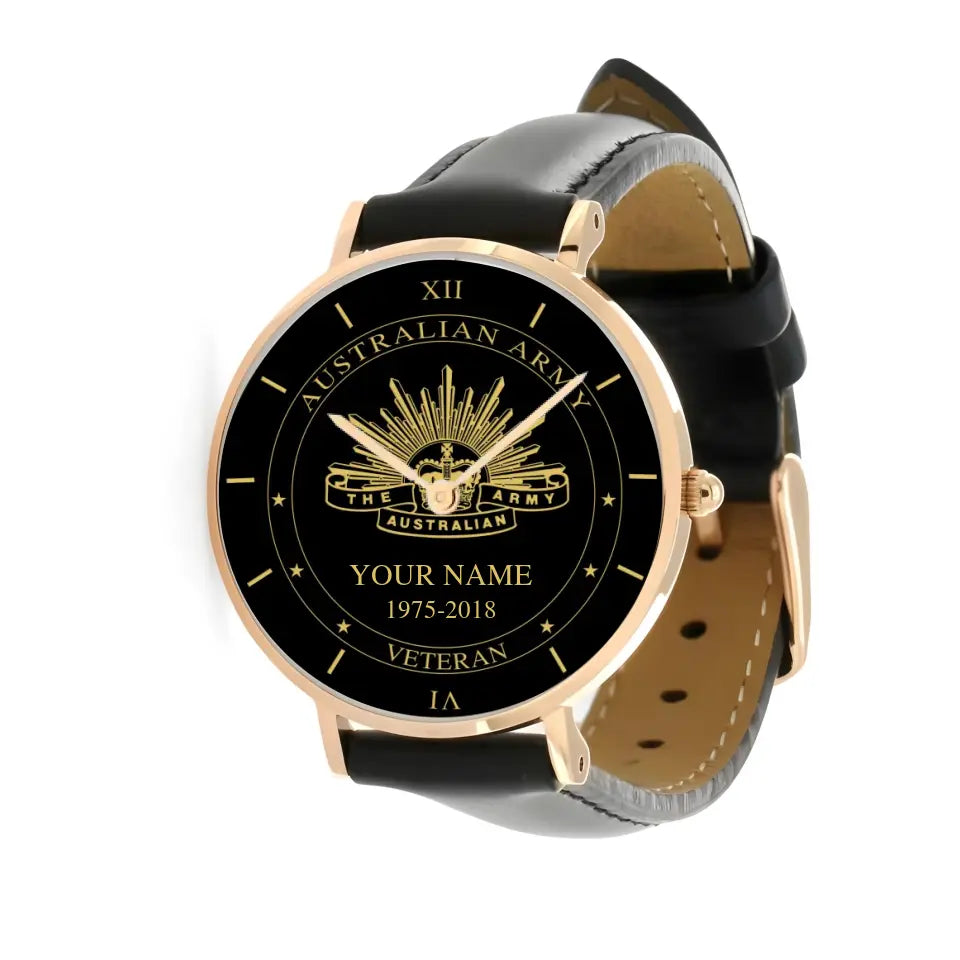Personalized Australian Soldier/ Veteran With Name And Year Black Stitched Leather Watch - 17105472 - Gold Version