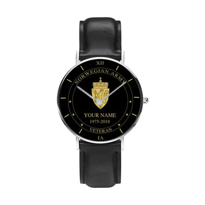 Personalized Norway Soldier/ Veteran With Name And Year Black Stitched Leather Watch - 17105472 - Gold Version