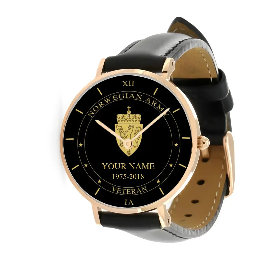 Personalized Norway Soldier/ Veteran With Name And Year Black Stitched Leather Watch - 1603240001 - Gold Version