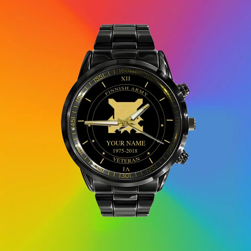 Personalized Finland Soldier/ Veteran With Name And Year Black Stainless Steel Watch - 1603240001 - Gold Version