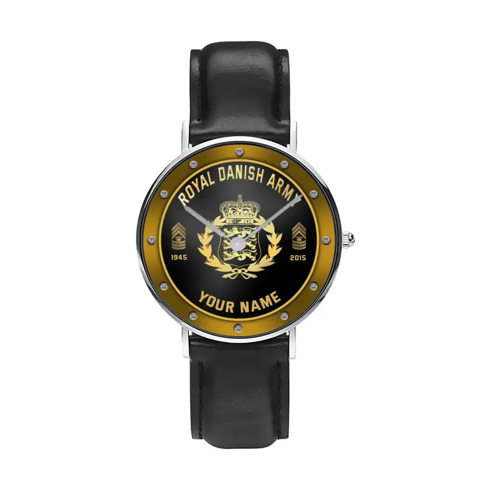 Personalized Denmark Soldier/ Veteran With Name, Rank And Year Black Stitched Leather Watch - 17107200 - Gold Version