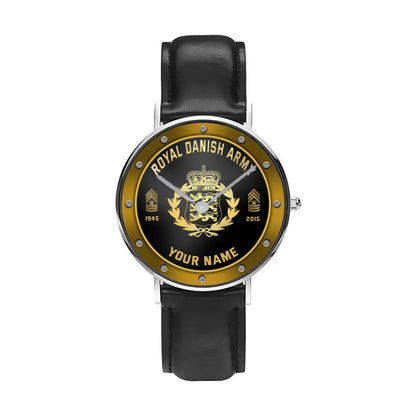 Personalized Denmark Soldier/ Veteran With Name, Rank And Year Black Stitched Leather Watch - 17107200 - Gold Version
