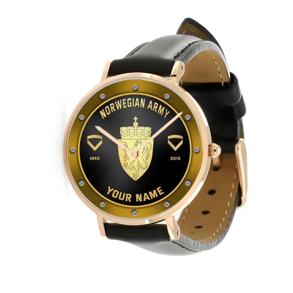 Personalized Norway Soldier/ Veteran With Name, Rank And Year Black Stitched Leather Watch - 1803240001 - Gold Version