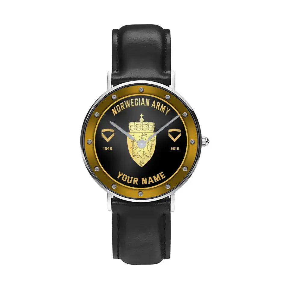 Personalized Norway Soldier/ Veteran With Name, Rank And Year Black Stitched Leather Watch - 1803240001 - Gold Version