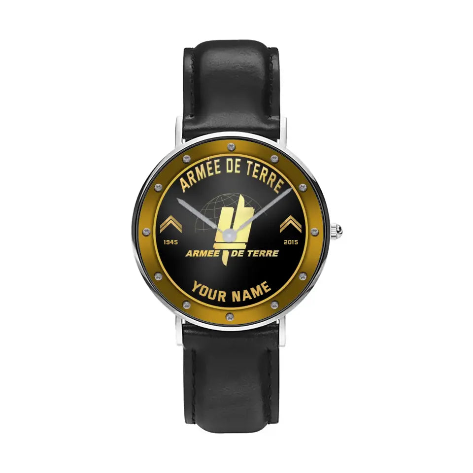 Personalized France Soldier/ Veteran With Name, Rank And Year Black Stitched Leather Watch - 17107200 - Gold Version