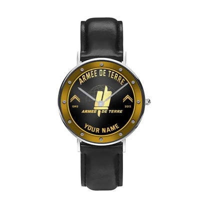 Personalized France Soldier/ Veteran With Name, Rank And Year Black Stitched Leather Watch - 17107200 - Gold Version