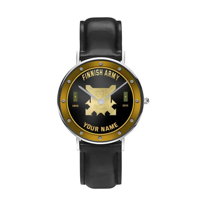 Personalized Finland Soldier/ Veteran With Name, Rank And Year Black Stitched Leather Watch - 1803240001 - Gold Version