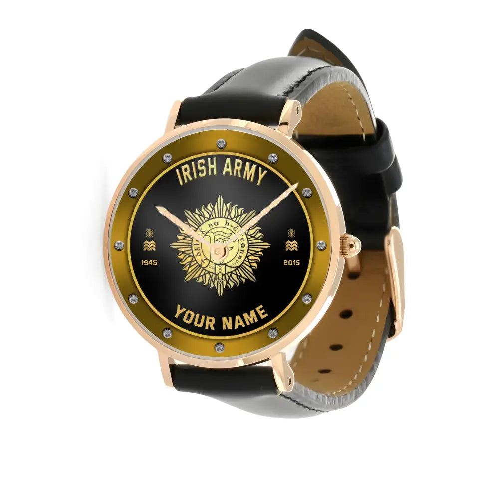 Personalized Ireland Soldier/ Veteran With Name, Rank And Year Black Stitched Leather Watch - 17107200 - Gold Version