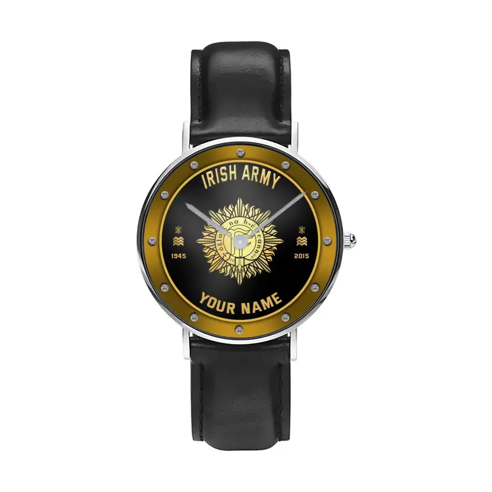 Personalized Ireland Soldier/ Veteran With Name, Rank And Year Black Stitched Leather Watch - 17107200 - Gold Version