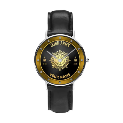 Personalized Ireland Soldier/ Veteran With Name, Rank And Year Black Stitched Leather Watch - 17107200 - Gold Version