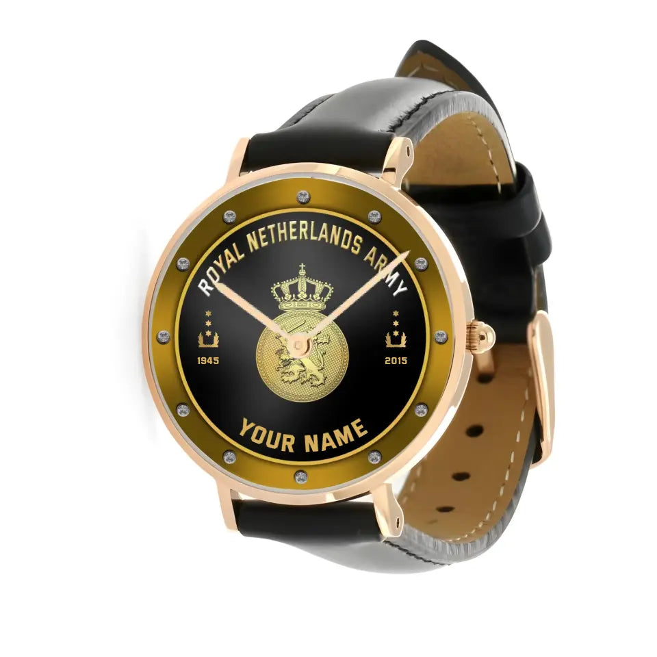 Personalized Netherlands Soldier/ Veteran With Name, Rank And Year Black Stitched Leather Watch - 17107200 - Gold Version