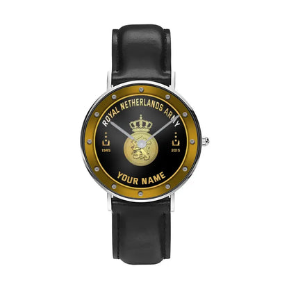 Personalized Netherlands Soldier/ Veteran With Name, Rank And Year Black Stitched Leather Watch - 17107200 - Gold Version