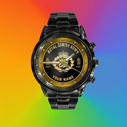 Personalized Denmark Soldier/ Veteran With Name, Rank And Year Black Stainless Steel Watch - 17107200 - Gold Version