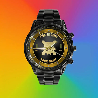 Personalized Finland Soldier/ Veteran With Name, Rank And Year Black Stainless Steel Watch - 1803240001 - Gold Version