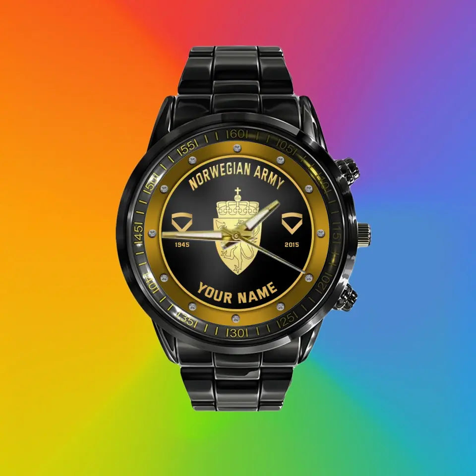 Personalized Norway Soldier/ Veteran With Name, Rank And Year Black Stainless Steel Watch - 1803240001 - Gold Version