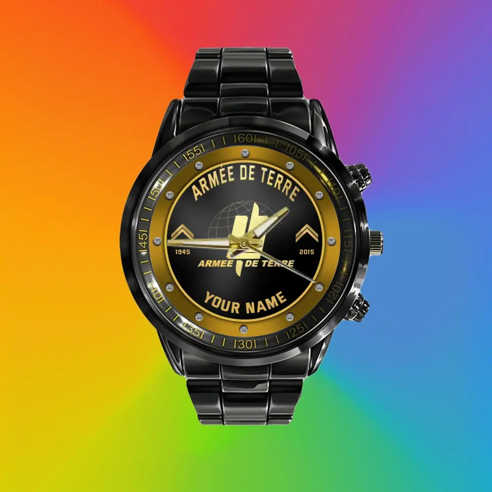 Personalized France Soldier/ Veteran With Name, Rank And Year Black Stainless Steel Watch - 17107200 - Gold Version