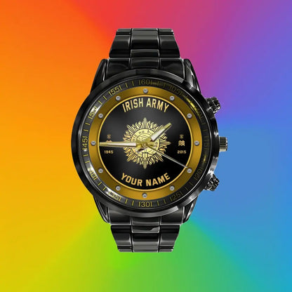 Personalized Ireland Soldier/ Veteran With Name, Rank And Year Black Stainless Steel Watch - 1803240001 - Gold Version