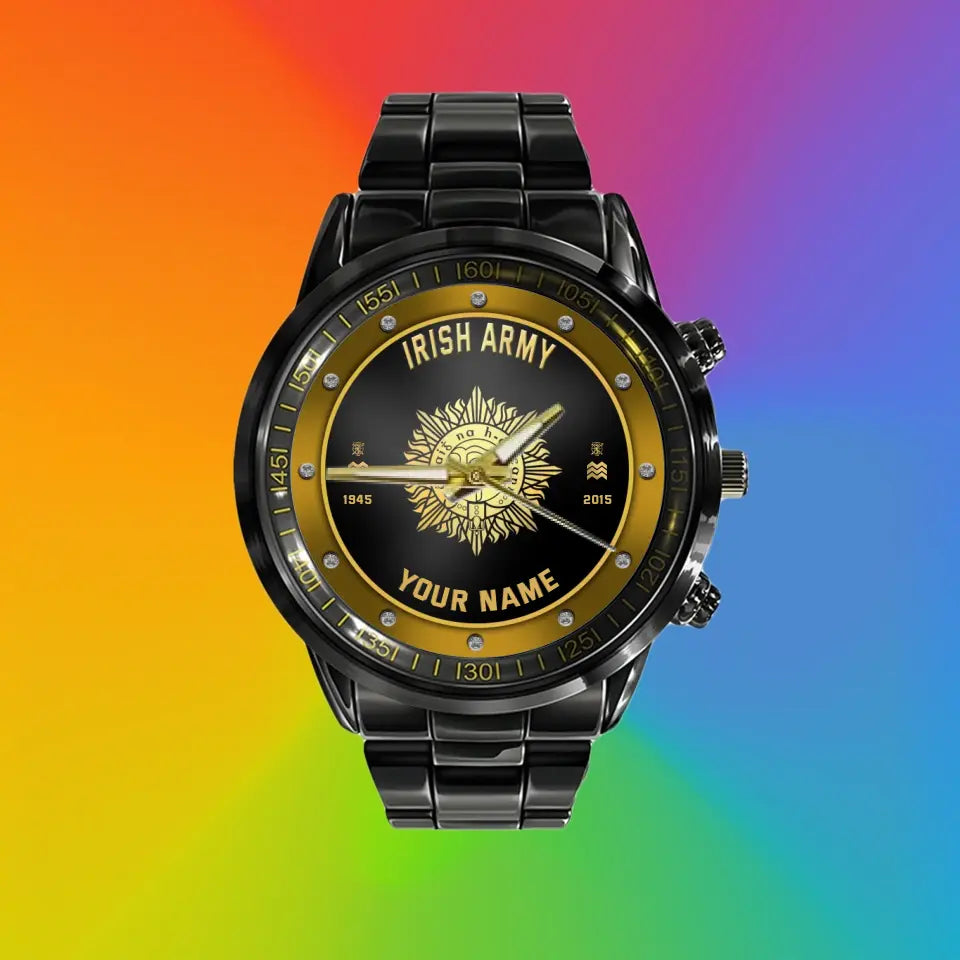 Personalized Ireland Soldier/ Veteran With Name, Rank And Year Black Stainless Steel Watch - 17107200 - Gold Version