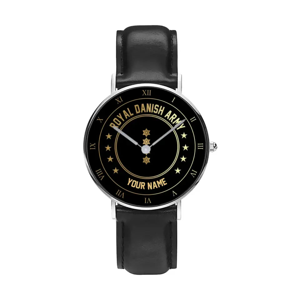 Personalized Denmark Soldier/ Veteran With Name And Rank Black Stitched Leather Watch - 2003240001 - Gold Version