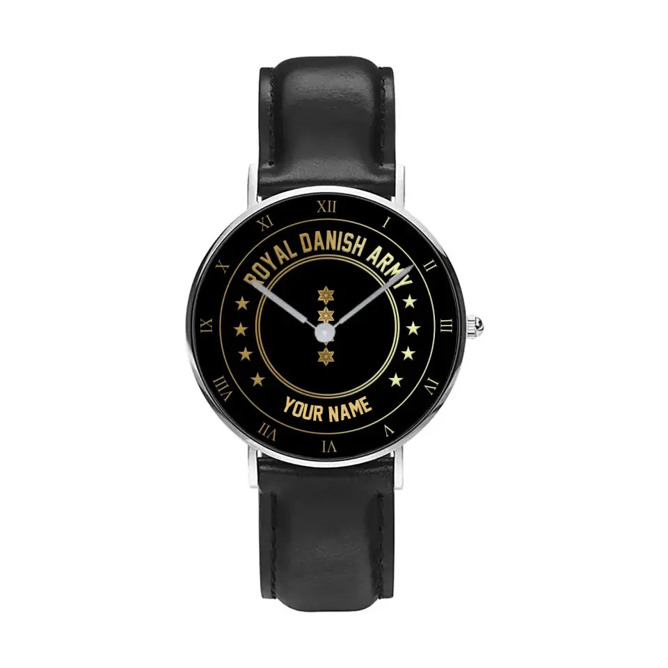 Personalized Denmark Soldier/ Veteran With Name And Rank Black Stitched Leather Watch - 17108928 - Gold Version