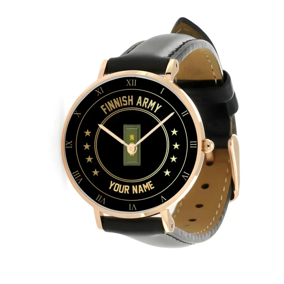Personalized Finland Soldier/ Veteran With Name And Rank Black Stitched Leather Watch - 2003240001 - Gold Version