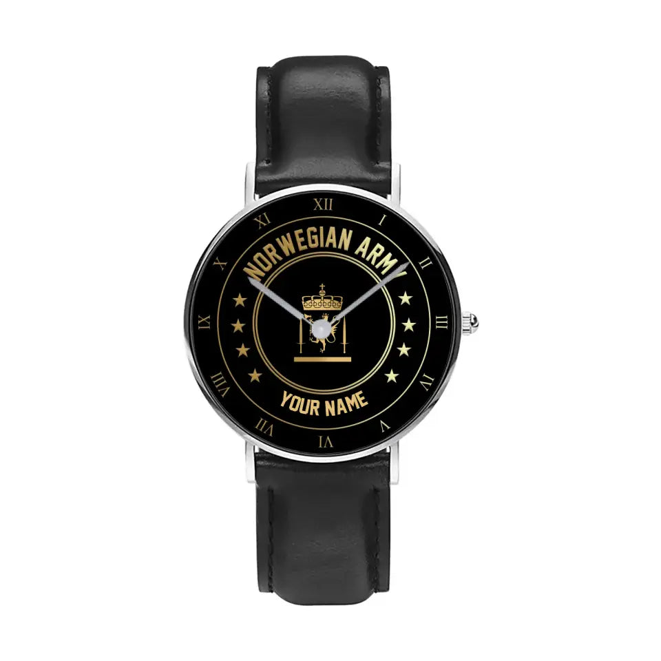 Personalized Norway Soldier/ Veteran With Name And Rank Black Stitched Leather Watch - 2003240001 - Gold Version