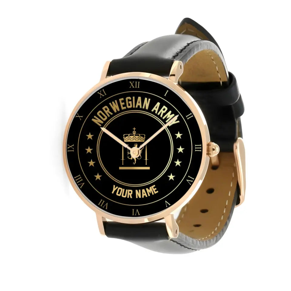 Personalized Norway Soldier/ Veteran With Name And Rank Black Stitched Leather Watch - 2003240001 - Gold Version