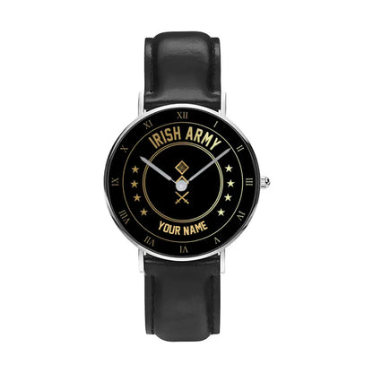 Personalized Ireland Soldier/ Veteran With Name And Rank Black Stitched Leather Watch - 17108928 - Gold Version