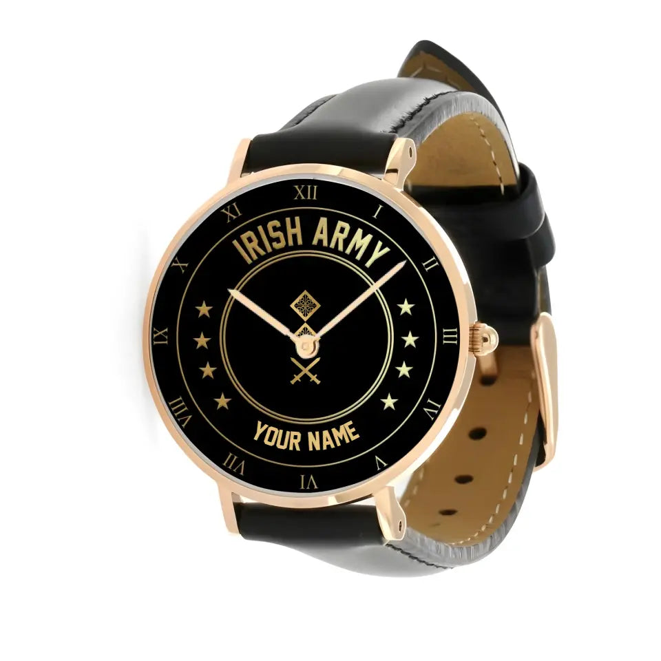 Personalized Ireland Soldier/ Veteran With Name And Rank Black Stitched Leather Watch - 17108928 - Gold Version