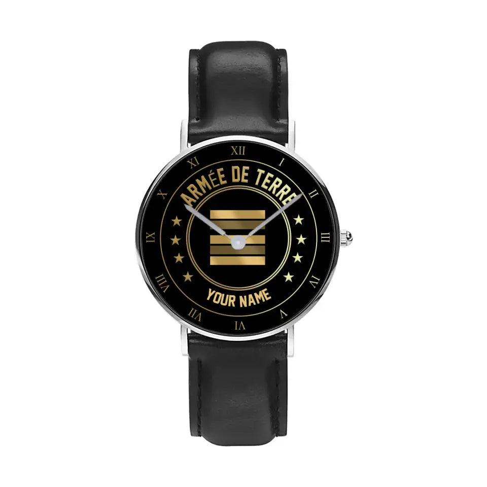 Personalized France Soldier/ Veteran With Name And Rank Black Stitched Leather Watch - 17108928 - Gold Version