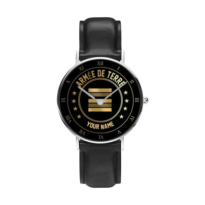 Personalized France Soldier/ Veteran With Name And Rank Black Stitched Leather Watch - 17108928 - Gold Version