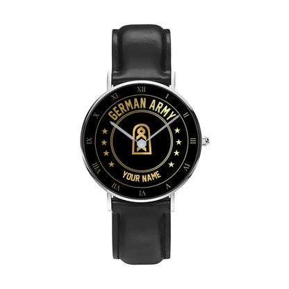 Personalized Germany Soldier/ Veteran With Name And Rank Black Stitched Leather Watch - 2003240001 - Gold Version