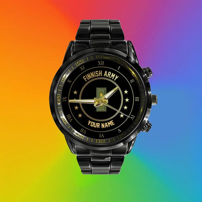 Personalized Finland Soldier/ Veteran With Name And Rank Black Stainless Steel Watch - 2003240001 - Gold Version