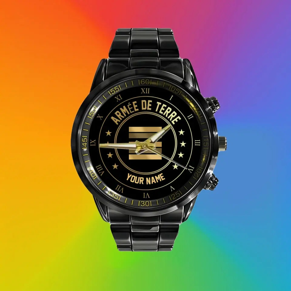 Personalized France Soldier/ Veteran With Name And Rank Black Stainless Steel Watch - 17108928 - Gold Version