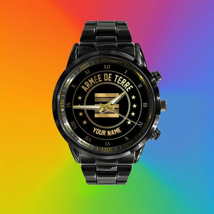 Personalized France Soldier/ Veteran With Name And Rank Black Stainless Steel Watch - 17108928 - Gold Version