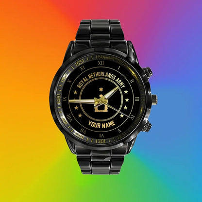 Personalized Netherlands Soldier/ Veteran With Name And Rank Black Stainless Steel Watch - 17108928 - Gold Version