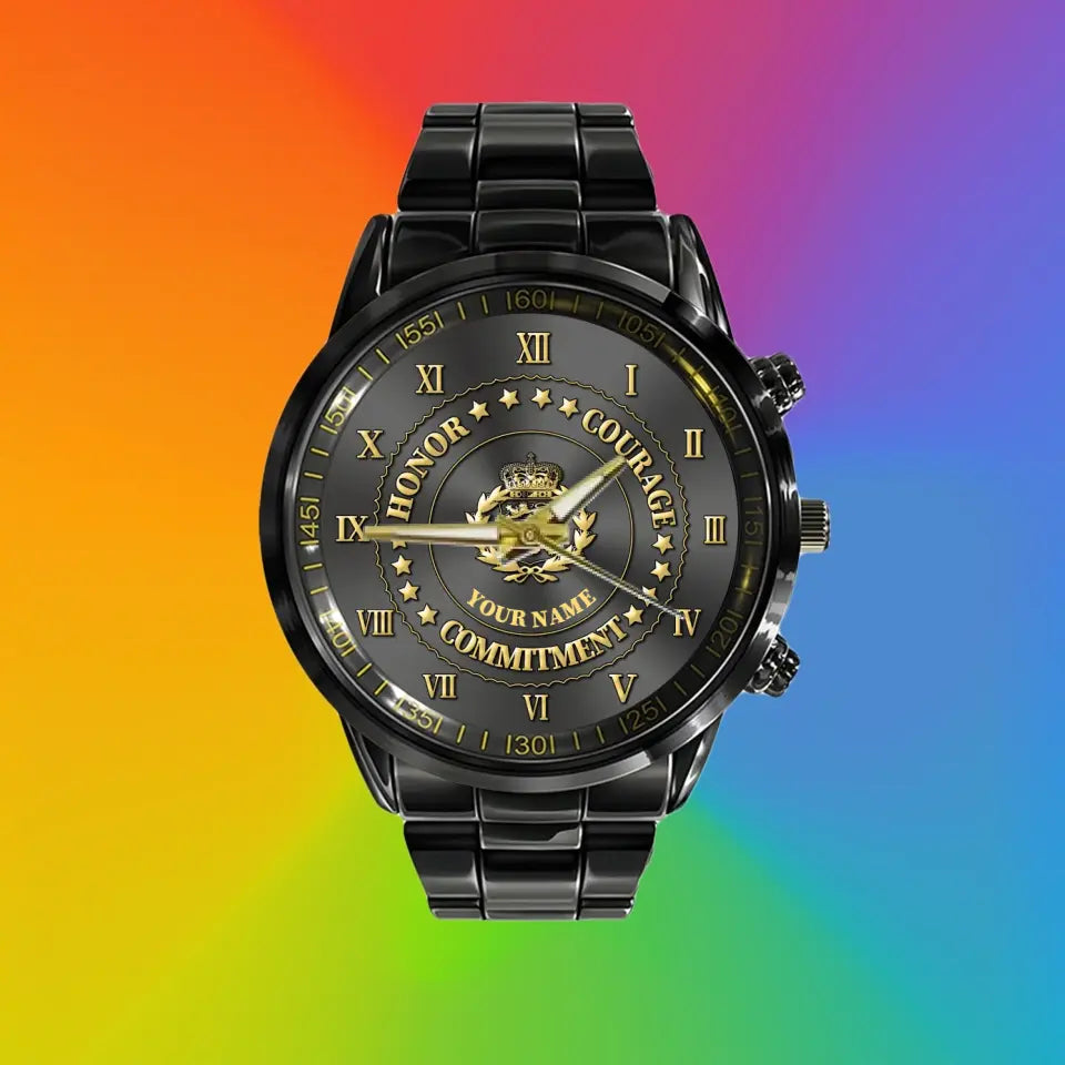 Personalized Denmark Soldier/ Veteran With Name Black Stainless Steel Watch - 2203240001 - Gold Version