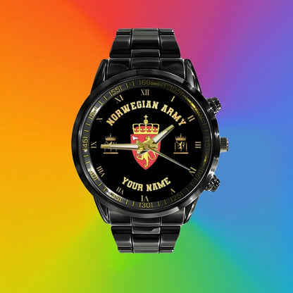 Personalized Norway Soldier/ Veteran With Name And Rank Black Stainless Steel Watch - 17098560 - Gold Version
