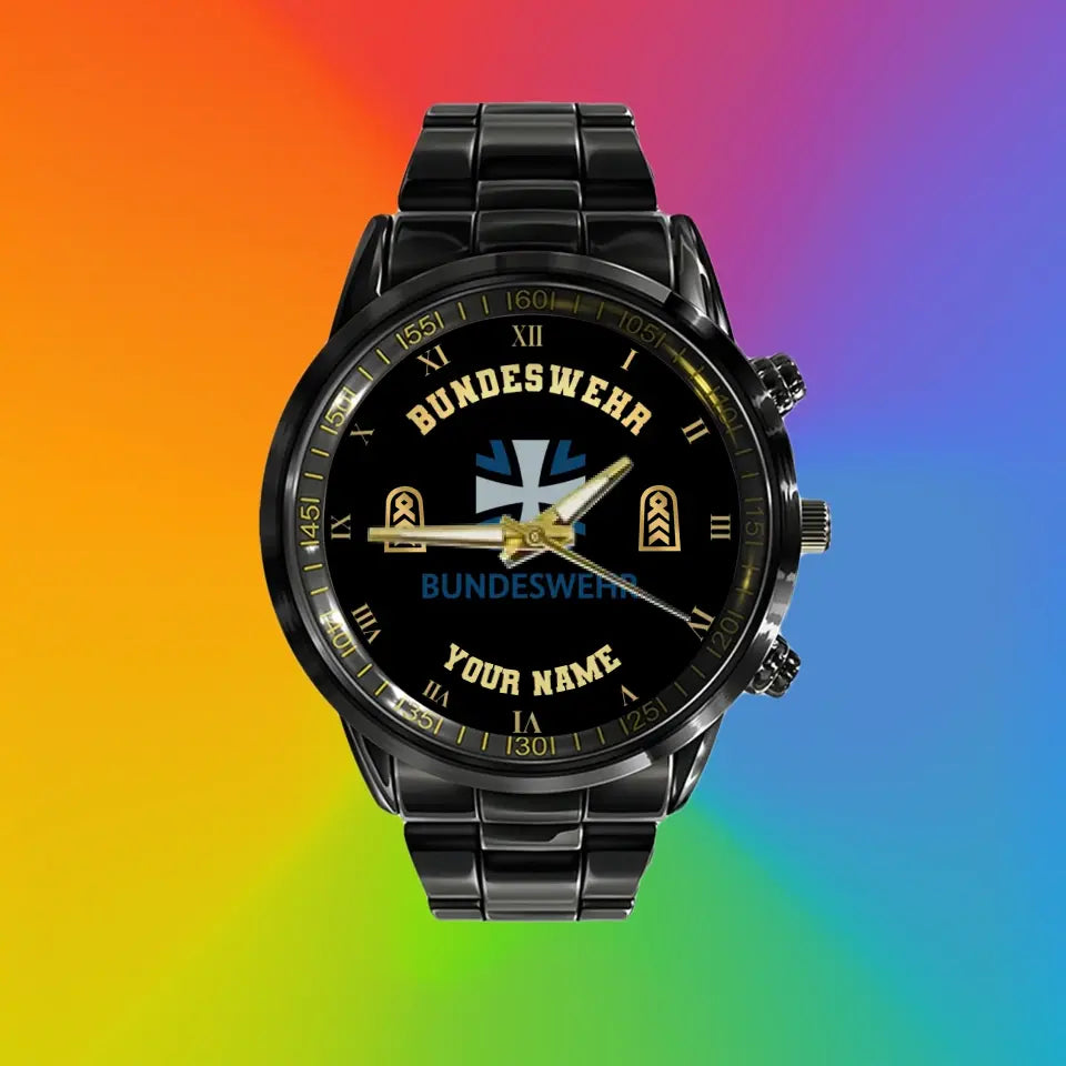 Personalized Germany Soldier/ Veteran With Name And Rank Black Stainless Steel Watch - 0803240001 - Gold Version