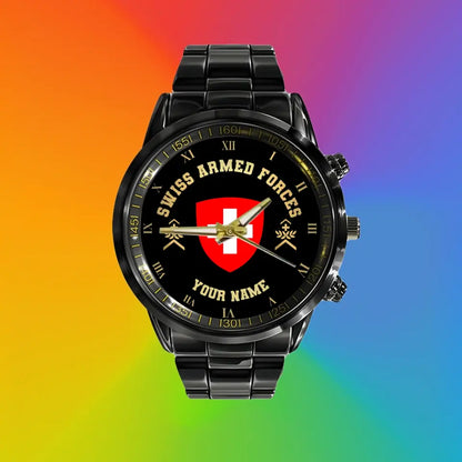 Personalized Swiss Soldier/ Veteran With Name And Rank Black Stainless Steel Watch - 17110656 - Gold Version
