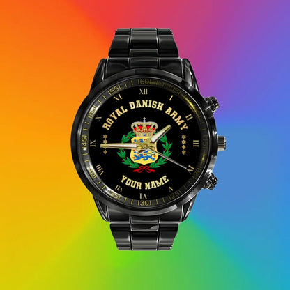 Personalized Denmark Soldier/ Veteran With Name And Rank Black Stainless Steel Watch - 17098560 - Gold Version
