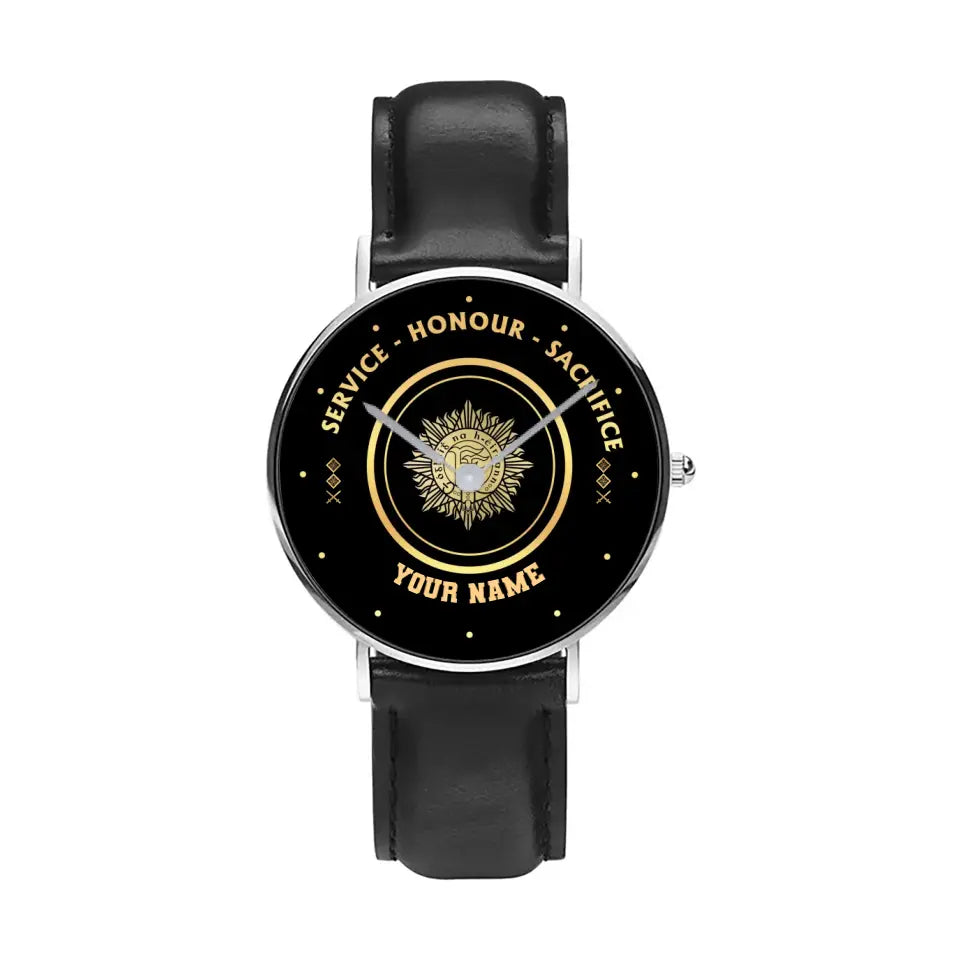 Personalized Ireland Soldier/ Veteran With Name, Rank Black Stitched Leather Watch - 17114112 - Gold Version