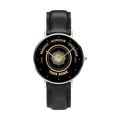 Personalized Ireland Soldier/ Veteran With Name, Rank Black Stitched Leather Watch - 17114112 - Gold Version