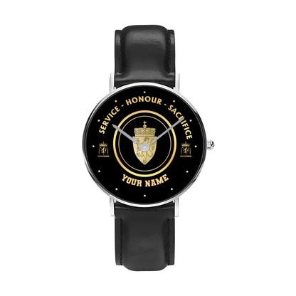 Personalized Norway Soldier/ Veteran With Name, Rank Black Stitched Leather Watch - 17114112 - Gold Version