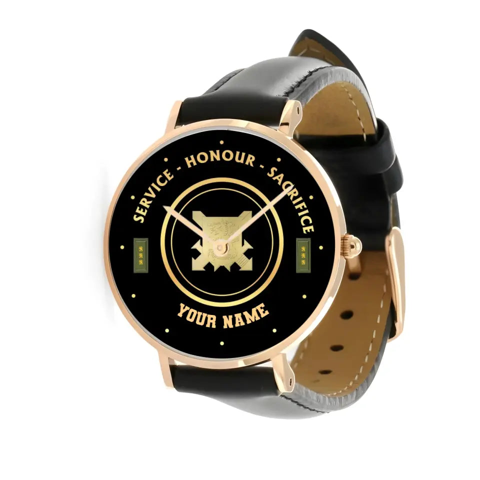 Personalized Finland Soldier/ Veteran With Name, Rank Black Stitched Leather Watch - 2603240001 - Gold Version
